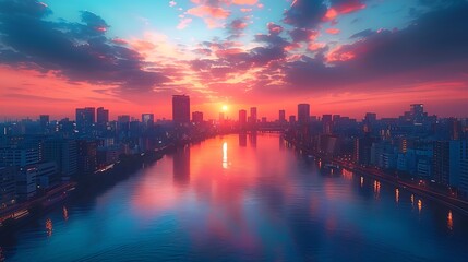 Sticker - Dusk cityscape with a modern skyline bathed in pastel peach, lavender, and light blue. The calm river below reflects the serene pastel colors. Wide-angle shot, hd quality, natural look.