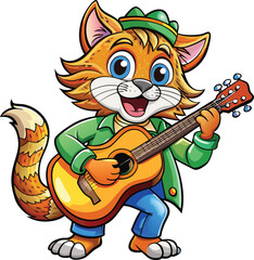 Sticker - A cat playing a guitar cartoon illustration