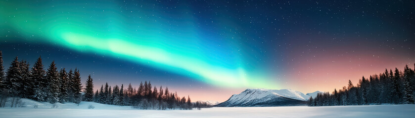 panoramic view of a stunning aurora borealis display over snowy mountains and pine trees, under a st