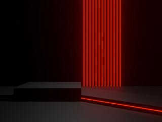 Wall Mural - Black podium with red neon lights.