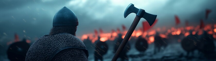 A lone warrior stands with his axe raised, looking towards a battlefield in the distance