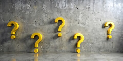 Poster - Yellow question marks on gray wall, question marks, yellow, gray, wall, background, curiosity, mystery, uncertainty, doubt