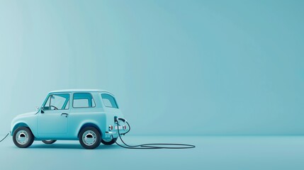 A blue electric car is plugged into a charging station on a blue background.