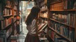 © klss777 - A young woman excitedly explores a charming second-hand bookshop filled with unique, forgotten stories.