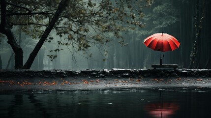 A red umbrella is sitting on a bench by a body of water