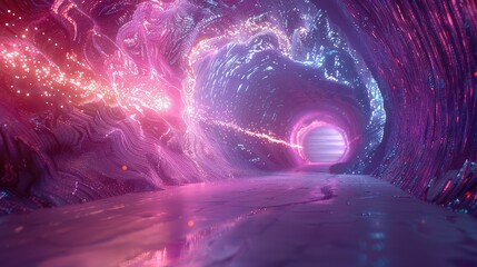 Abstract glowing tunnel with pink and blue light and a portal at the end.