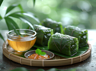 zongzi in bamboo leaves on a green table, celebrating dragon boat festival in traditional chinese style