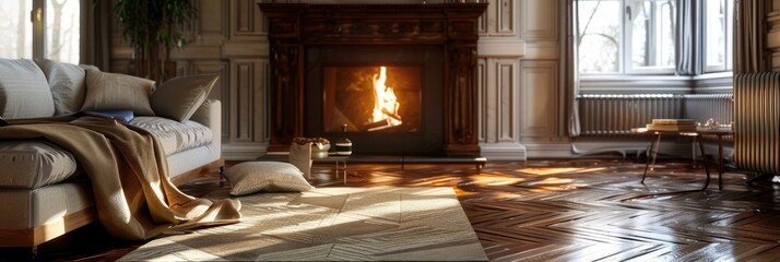 Poster - Comfortable living area featuring wooden floors, a fireplace, and a sofa.