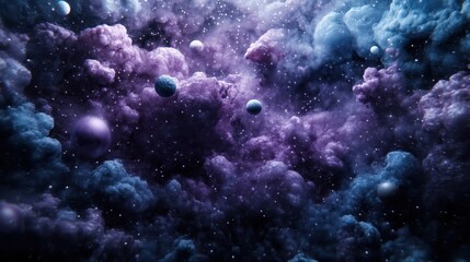 a stunning abstract cosmic scene displaying a vivid purple nebula interspersed with small planets, e