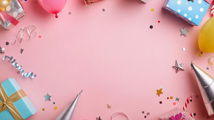 Wall Mural - Festive frame or backdrop featuring vibrant balloons, gifts, confetti, silver stars, carnival hats, and streamers. Flat lay arrangement ideal for a birthday or party greeting card with space for a mes