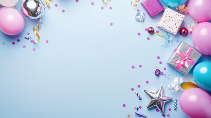 Festive frame or backdrop featuring vibrant balloons, gifts, confetti, silver stars, carnival hats, and streamers. Flat lay arrangement ideal for a birthday or party greeting card with space for a mes