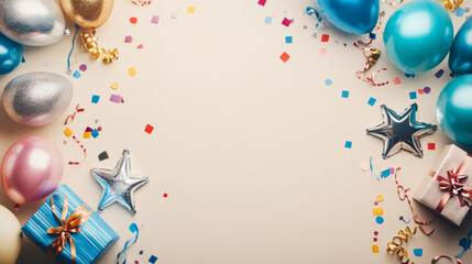 Wall Mural - Festive frame or backdrop featuring vibrant balloons, gifts, confetti, silver stars, carnival hats, and streamers. Flat lay arrangement ideal for a birthday or party greeting card with space for a mes