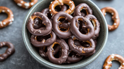 Wall Mural - Dairy-free chocolate-covered pretzels in a bowl, with a few scattered around