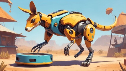 roboroo a kangaroo robot with a builtin trampoline game concept cartoon