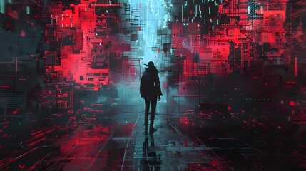 Wall Mural - A person is walking down a street in a city with a futuristic look. The street is filled with buildings and the sky is blue