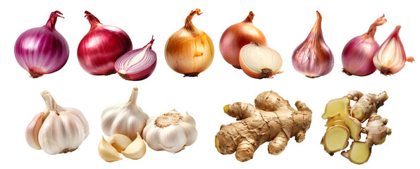 Sticker - Collection of vegetable aromatics flavouring herb, red purple yellow onion, ginger, garlic, shallot on transparent background cutout, PNG file. Mockup template for artwork design