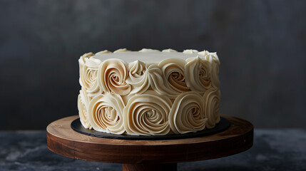 Cake with a smooth top, featuring a pattern of swirls, sitting on a round cake board