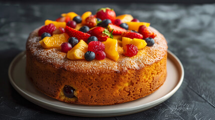 Wall Mural - Single-layer cake with a plain surface, topped with scattered fruit pieces and sitting on a plate