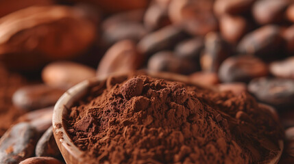 Wall Mural - Close-up of raw cocoa powder with roasted beans and flavored powder in the background