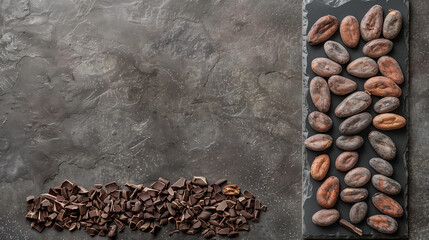 Cocoa beans in a line next to a pile of cocoa nibs on a slate board