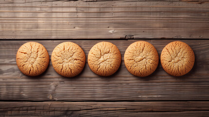 Five cookies in a straight row on a wooden table