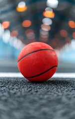 Red basketball on a court with blurred background.