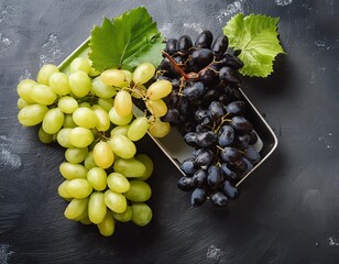 Wall Mural - Upper view in green and black grapes on the kitchen table, generative IA