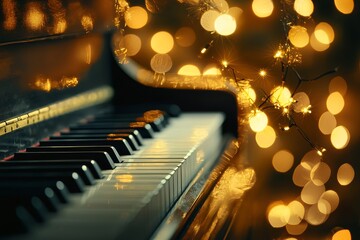 Classic grand piano keys with glowing lights, close-up