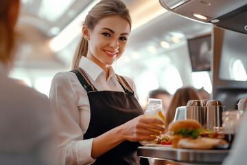 Flight attendant smiling while working in the galley, preparing refreshments and meals for the passengers.