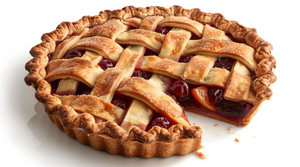 Frozen pie with lattice crust partially sliced to show fruit filling