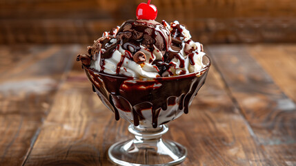 Wall Mural - Large ice cream sundae with chocolate sauce and a cherry on top