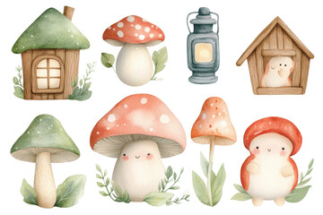 Enchanted Forest Watercolor Clipart Set featuring woodland creatures, toadstools, fairy lights, forest leaves, vintage lantern, treehouse, in moss green and twilight blue.