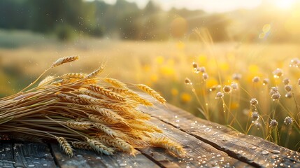 Wall Mural - A serene morning scene with golden wheat sheaves neatly bundled and placed on a rustic wooden table, with dew drops visible on the wheat, soft morning light enhancing the natural colors and textures.