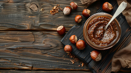 Canvas Print - Top-down view of jar of hazelnut spread next to spreading knife on wooden table