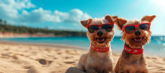 Summer vacation photography banner background - Closeup of dogs in sunglasses, relaxing on the tropical ocean beach (generated AI).