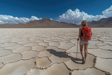 Female Backpacker Walking on Cracked Salt Flats with Mountains in Background