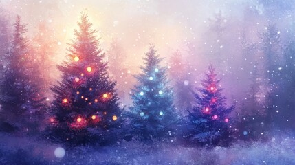 Christmas trees in the forest with colorful lights, watercolor style.