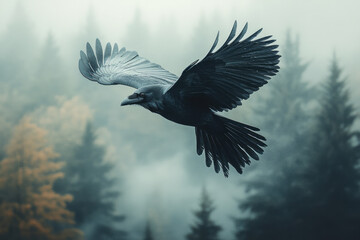 Wall Mural - A powerful raven flying over a misty forest, its dark wings cutting through the morning fog,