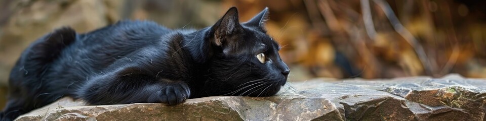 Wall Mural - Stunning black cat resting on a rock