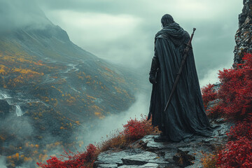 Wall Mural - The swordmaster stands alone on a cliff, his sword planted in the ground, reflecting on the trials that forged his unbreakable resolve,