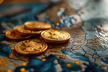 Golden coins on a detailed world map background