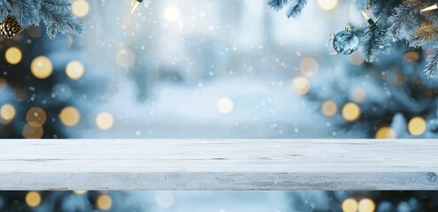 Wall Mural - Greeting card with white marble table top at blur bokeh Christmas tree decoration while show is falling.