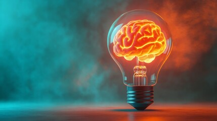 A light bulb with a glowing brain inside symbolizes creativity and innovation, set against a dramatic blue and orange smoky background.