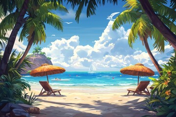 Wall Mural - Tropical beach landscape template with palm trees and sun beds. This is a great template for summer vacations or holiday resorts.