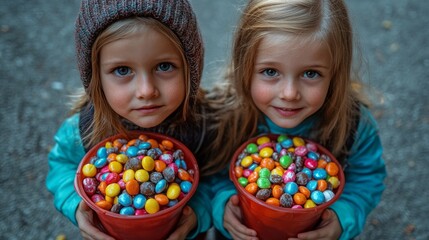 Two delighted children clutch bowls brimming with colorful candies, radiating joy in the bright sunlight of a cheerful outdoor setting