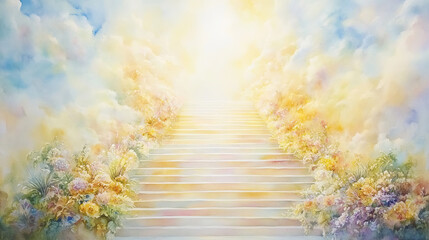 A stairway to heaven in a glorious setting, with the gates of Paradise and a meeting with God, depicted as a symbol of Christianity. This is an artistic illustration painted with watercolors.