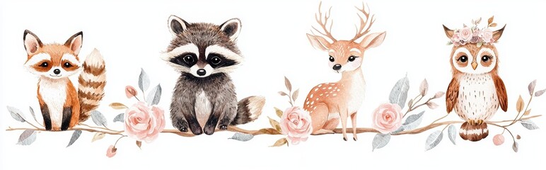 Sticker - Cute forest cartoon set of baby fox, deer, raccoon and owl animals with flowers. Bohemian boho drawing for nursery poster.