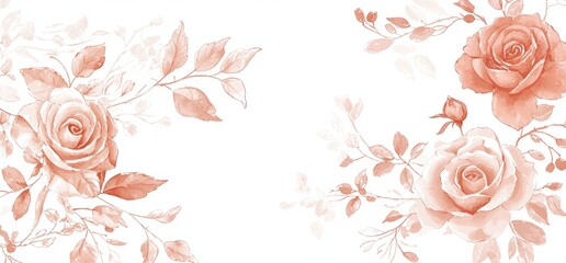 Wall Mural - An invitation card with roses, leaves surrounded by a floral background and botanical illustration.