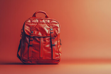 Poster - A shiny, red school backpack isolated on a pastel peach background, filled with school supplies,