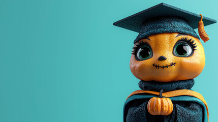 A cute pumpkin character with large eyes, wearing a graduation cap and gown, holds a tiny pumpkin against a bright turquoise background, blending education with Halloween charm.
